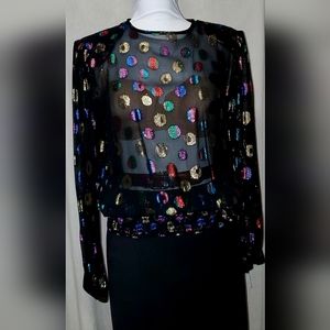 Lloyd Williams Black Chiffon Rainbow Evening Blouse Ruffle Neck Puffy sz10